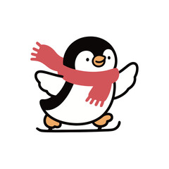Cute cartoon penguin character wearing a red scarf and ice skating, a simple and fun vector illustration for winter, sports, or holidays.