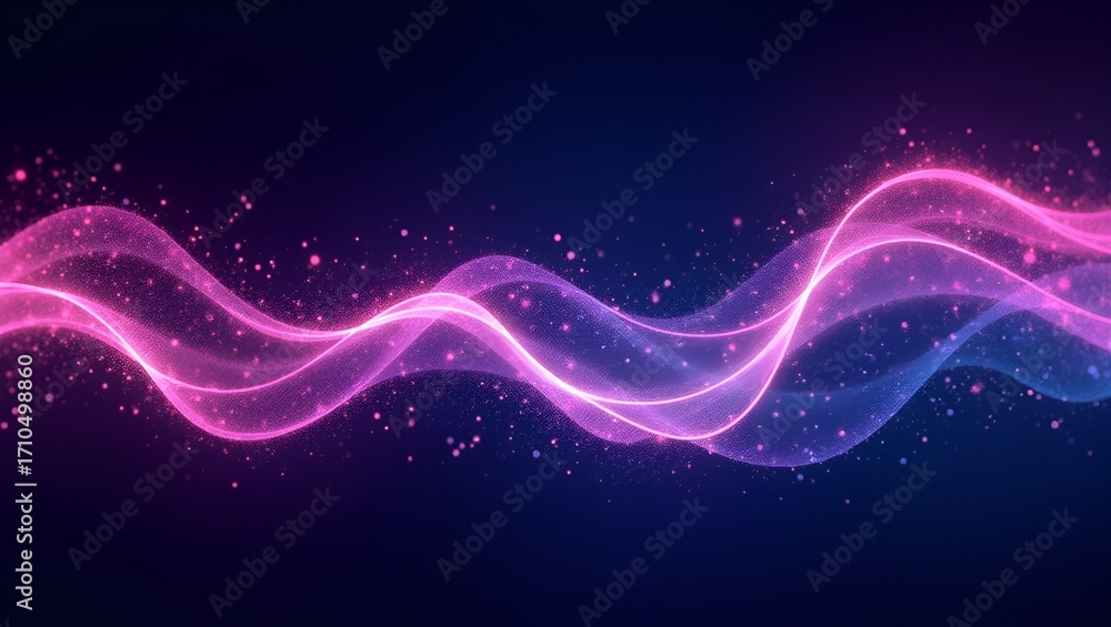 Poster abstract flowing dotted wave in neon violet, glowing with vibrant gradient textures on a dark canvas