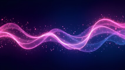 Obraz premium Abstract flowing dotted wave in neon violet, glowing with vibrant gradient textures on a dark canvas. The dynamic particle formation suggests futuristic motion and an ethereal, tech-inspired atmospher