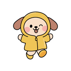 Cute puppy dog character wearing a yellow raincoat and winking, a simple and cheerful vector illustration for pet care or kids.