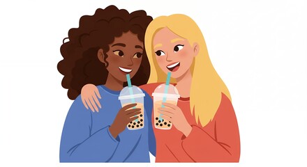 Two diverse people drinking bubble tea