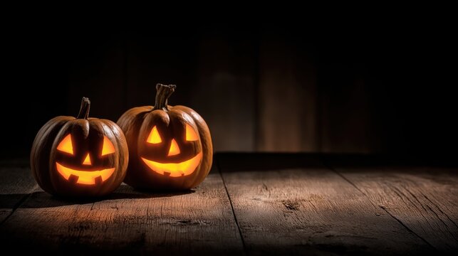 Halloween pumpkins lanterns faces on wooden board with copy space - Powered by Adobe