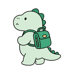 Cute and sad cartoon dinosaur character wearing a backpack, a simple vector illustration for school, education, or back to school concept.