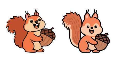 Two cute cartoon squirrel characters holding an acorn, a simple and joyful vector illustration for autumn, nature, or animals.