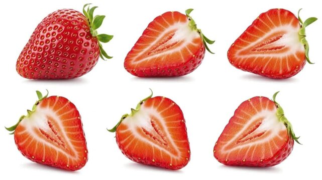 Arrangement of fresh ripe strawberries on a white surface One whole fruit and five halved fruits display red flesh tiny yellow seeds and green stems