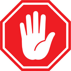 Obraz premium Red Stop Hand Sign Icon. Warning stop symbol. Simple octagon road sign with hand gesture vector illustration