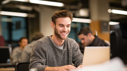 Young man smiling while working on laptop in modern office space 