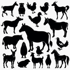 Collection of black farm animal and equipment silhouettes for agricultural design projects