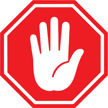 Red Stop Hand Sign Icon. Warning stop symbol. Simple octagon road sign with hand gesture vector illustration