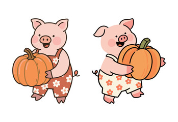 Two cute cartoon pig characters wearing overalls and holding pumpkins, a simple vector illustration for autumn, harvest, or food.