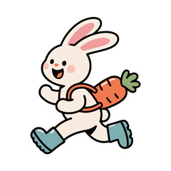 Cute cartoon bunny character running with a carrot as a backpack, a simple and funny vector illustration for easter or healthy food.