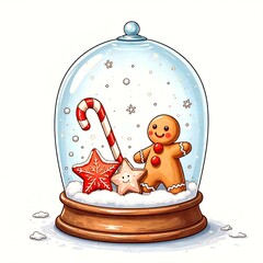 Gingerbread figures and a Christmas tree in a snow globe capturing festive holiday cheer
