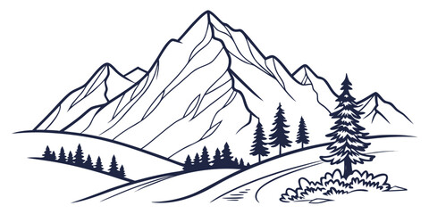 Serene Mountain Landscape Line Art Illustration