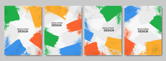 Vector illustration. Abstract vibrant color background set. Cool bright wallpapers with paint brush strokes and halftone dots. Design elements for poster, book or magazine cover, journal, layout 