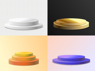 Vector illustration. 3D cylindrical podium stage for product promotion. Empty template for horizontal banner, advert, marketing. Set of design elements of different scenes: white, golden, colored