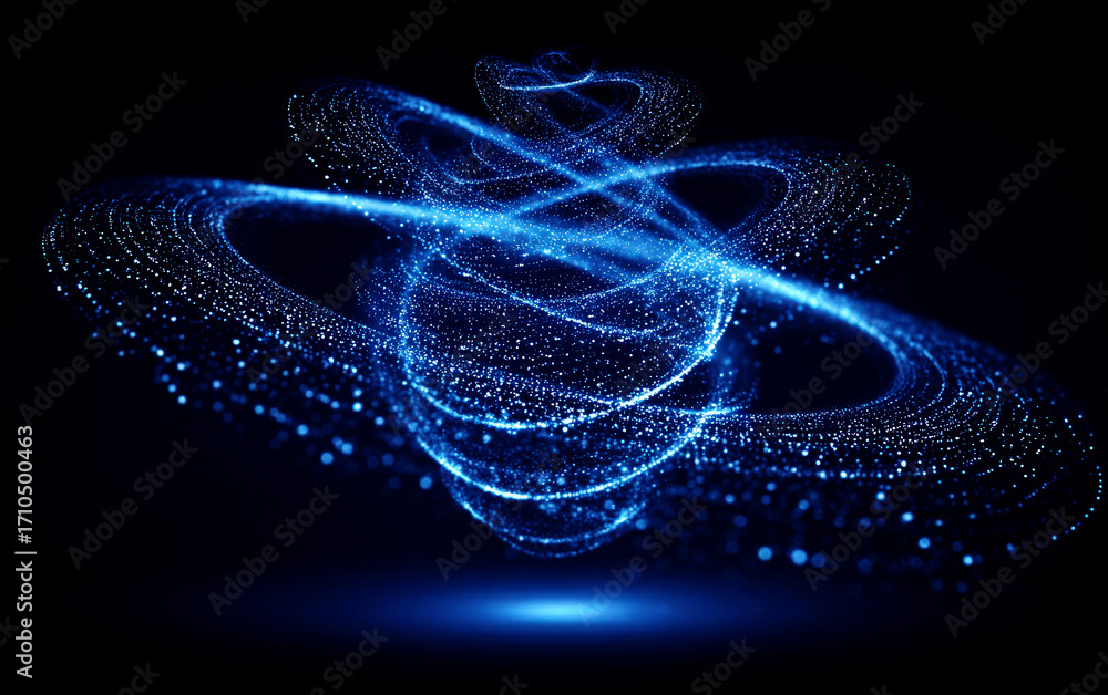 Poster abstract blue glowing particles forming dynamic swirling patterns