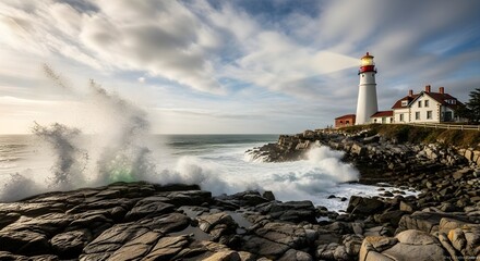 Majestic lighthouse and turbulent ocean waves crashing against a rocky shoreline under a dramatic sky