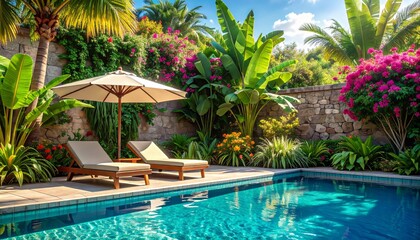 A relaxing poolside scene with two sun loungers and a large umbrella, beside a turquo