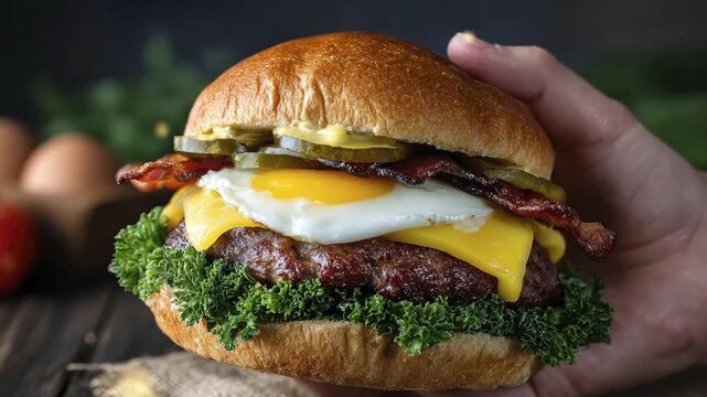 Closeup of a hand holding a burger topped with egg bacon cheese lettuce and pickles