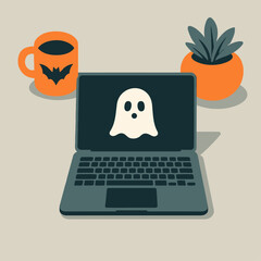 Halloween-themed workspace illustration with laptop showing ghost icon, coffee cup with bat design, pumpkins, and festive desk decor in modern flat style