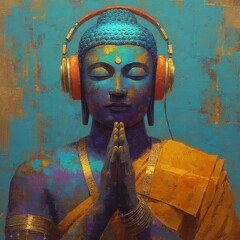Modern oil painting, Buddha with headphones, AI generated