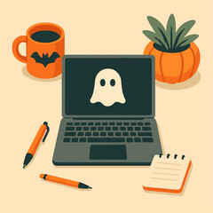 Halloween-themed workspace illustration with laptop showing ghost icon, coffee cup with bat design, pumpkins, and festive desk decor in modern flat style