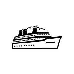 Fototapeta premium Stylized black and white illustration of a modern cruise ship with smoke billowing from its funnels, conveying a sense of travel and adventure on the open sea.