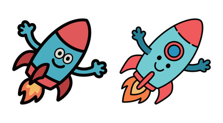 Two cute cartoon rocket characters with happy expressions, a simple and cosmic vector illustration for space exploration or technology.