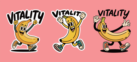 Three cartoon banana characters with a happy expression and shoes, running and dancing, a simple and lively vector illustration for vitality.