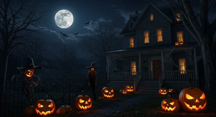 Haunted House with Glowing Jack O’Lantern Pumpkins on Halloween Night Under Full Moon