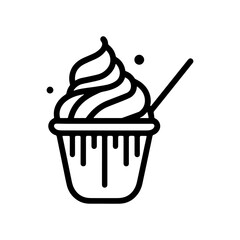 Stylized black and white outline of a cupcake with frosting and a spoon inserted, representing a sweet treat or dessert concept