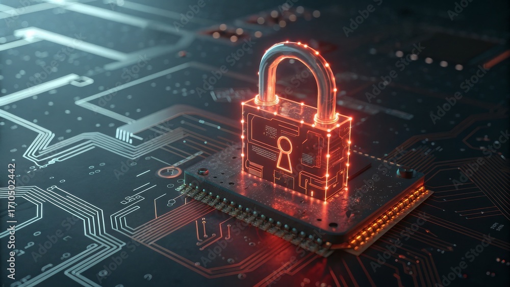 Poster a high-tech 3d rendering of a glowing lock on a circuit board. this image is perfect for websites an