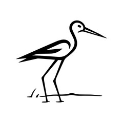 Stylized black ink drawing of a long-legged wading bird standing in shallow water with simple ground markings.
