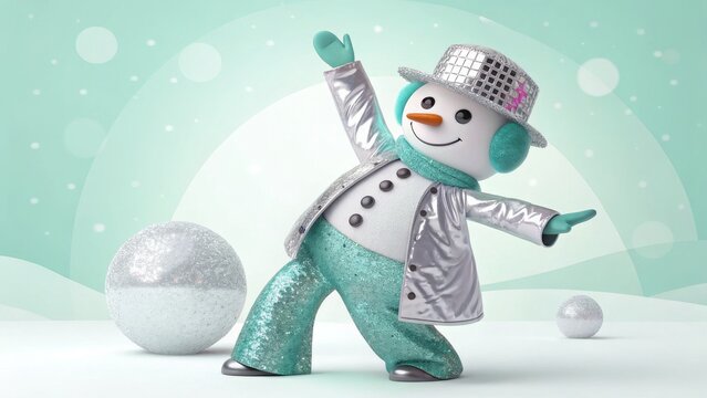 A playful 3D rendering of a snowman in a sequined disco outfit. This image is perfect for websites and blogs related to holiday parties, winter events, seasonal sales, or festive entertainment.

