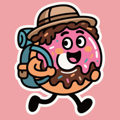 A cute cartoon donut character with a hiking backpack and hat, ready for an adventure.