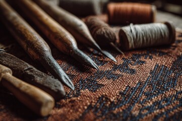 Woven textile patterns with artisan tools for crafting