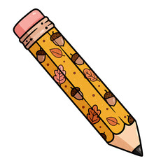 Whimsical yellow pencil with autumn acorns and leaves isolated on transparent background