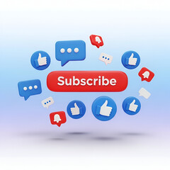3d rendering of social media icons like subscribe button, thumbs up, chat bubbles, and notification bell floating around a red subscribe button on a light blue gradient background