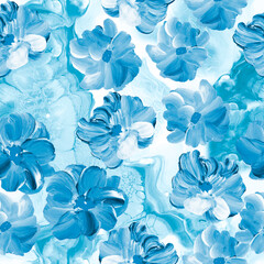 Seamless pattern of abstract blue flowers, original hand drawn, impressionism style, color texture, brush strokes of paint, art background