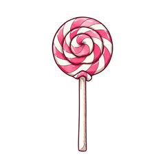 A classic pink and white swirled lollipop on a stick isolated on transparent background
