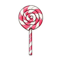Swirled pink and white lollipop candy on a stick isolated on transparent background