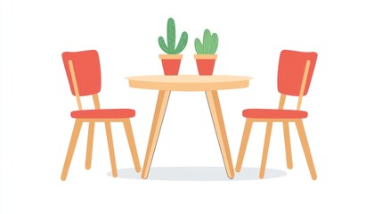 Round table with red chairs and succulents