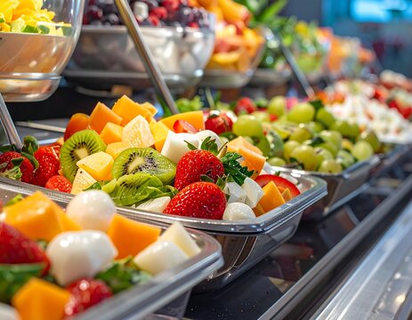 Vibrant Buffet Display of Freshly Cut Fruits and Cheeses