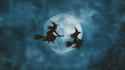 Fototapeta premium Two silhouetted witches fly on broomsticks against a full moon backdrop, evoking a mystical, Halloween-inspired atmosphere, with space for text