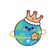 A cute cartoon Earth planet character wearing a crown and a happy star orbiting around it.