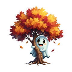 Cute ghost hugging an autumn tree, celebrating the fall season with colorful leaves