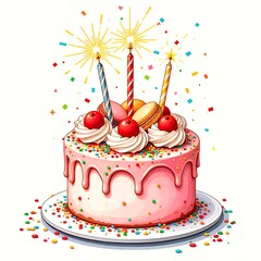 Colorful birthday cake decorated with berries and a candle for a festive celebration
