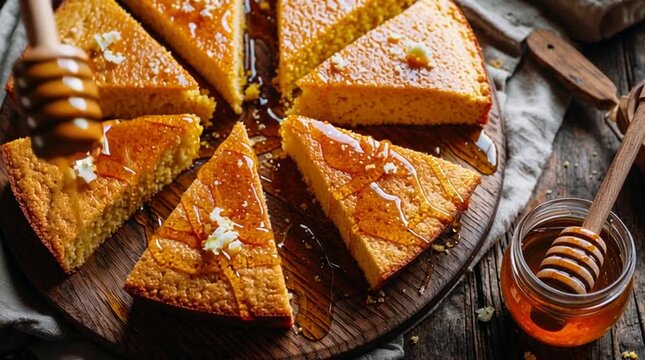 Golden Cornbread Delight: A rustic wooden board hosts an array of freshly baked cornbread slices, glistening with a rich, golden honey glaze, beside a jar of honey and a wooden dipper.