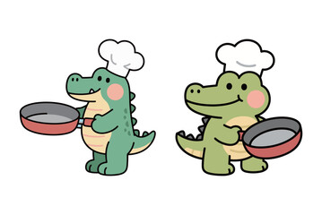 A set of two cute cartoon crocodile characters wearing a chef's hat and holding a frying pan.