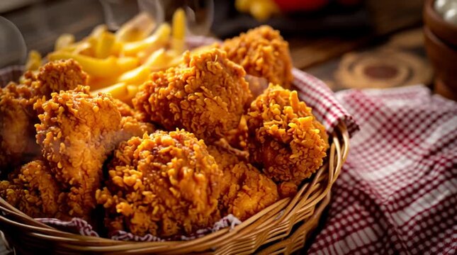 Golden Crispy Delight: Savor the enticing image of golden-brown fried chicken pieces alongside a serving of perfectly golden french fries. The inviting aroma is captured in this close up photograph.